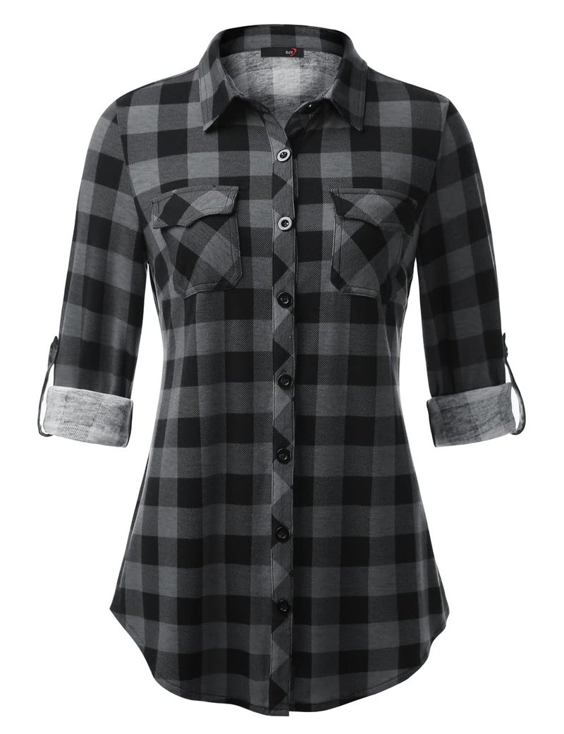 DJT Womens Soft Stretchy Knit Plaid Shirts Roll Up Long Sleeve Collared Button Down Blouses Tops Large Black Plaid - Image 1